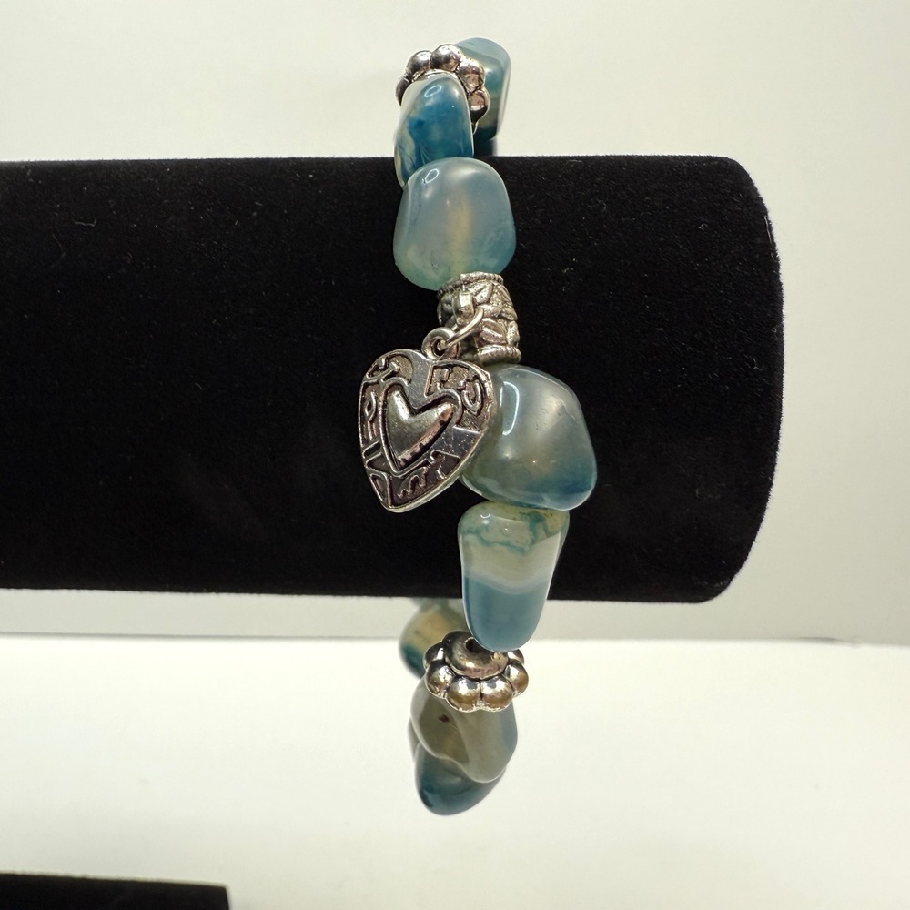 Blue Agate Stone Charm Bracelet Stretch Heart Silver Accent Fashion Jewelry